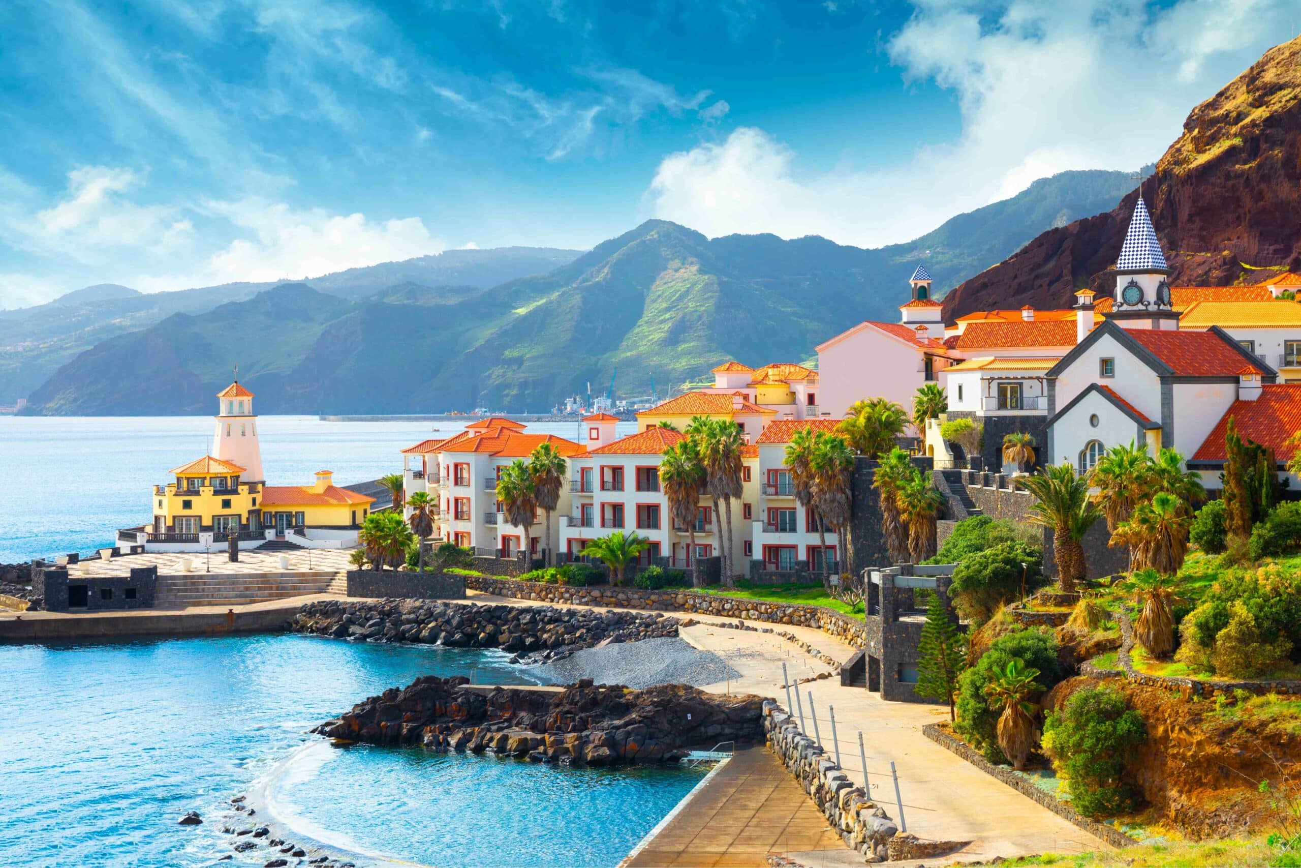 View of the small village of Canical and Marina da Quinta Grande, near Ponta de Sao Lourenco. Madeira Island, Portugal. High quality photo