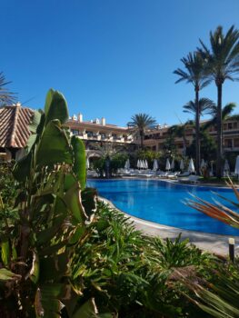 Hotelpool mit Palmen und Blumen