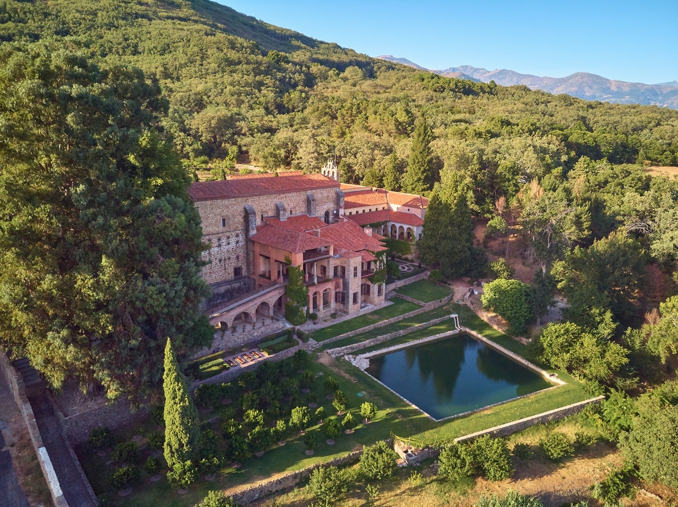 Aerial view of the Yuste monastery located in Extremadura (Spain). Place where Emperor Charles V of Germany and I of Spain died